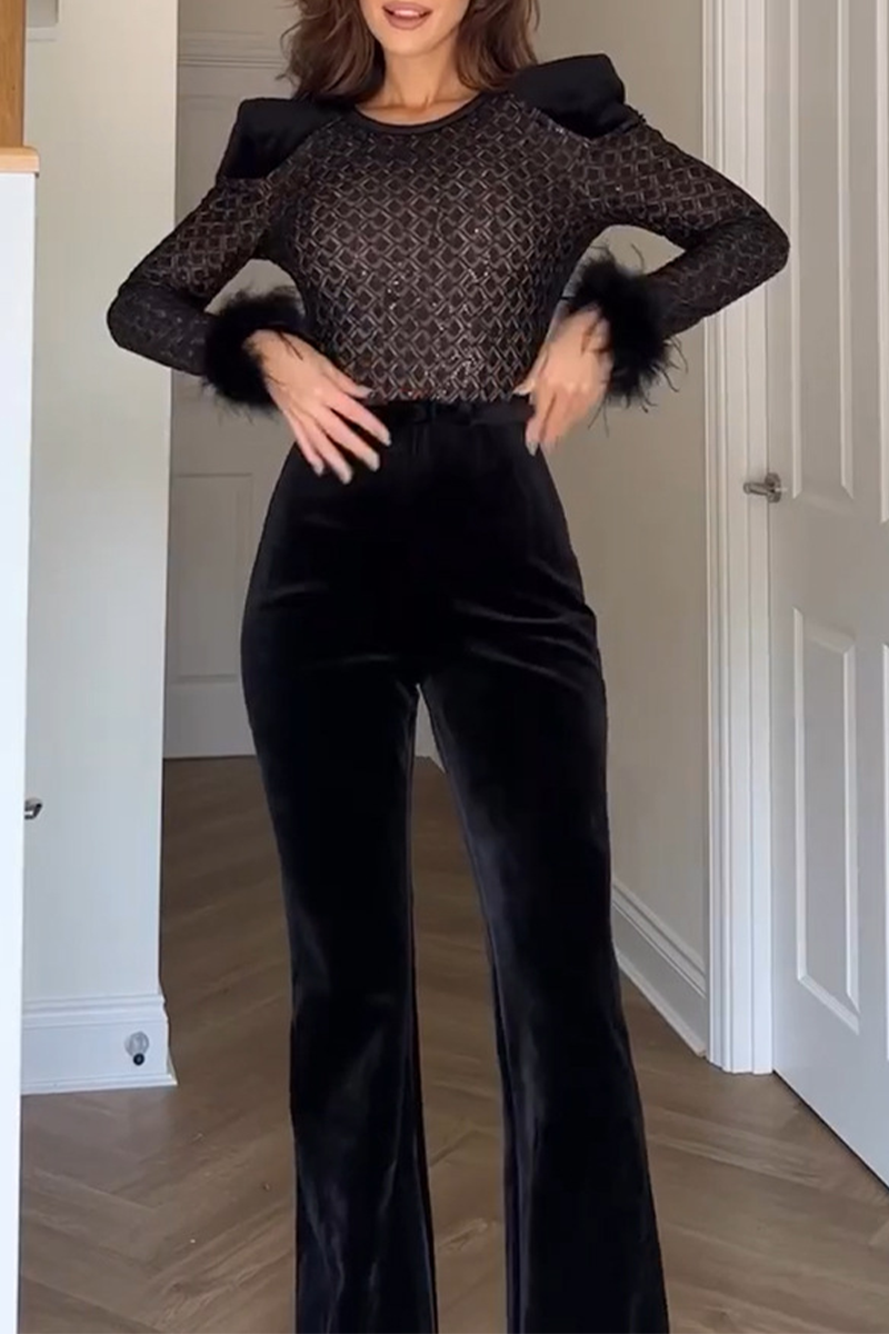 Patty | Sexy Sheer Patchwork Velvet Jumpsuit with O-Neck