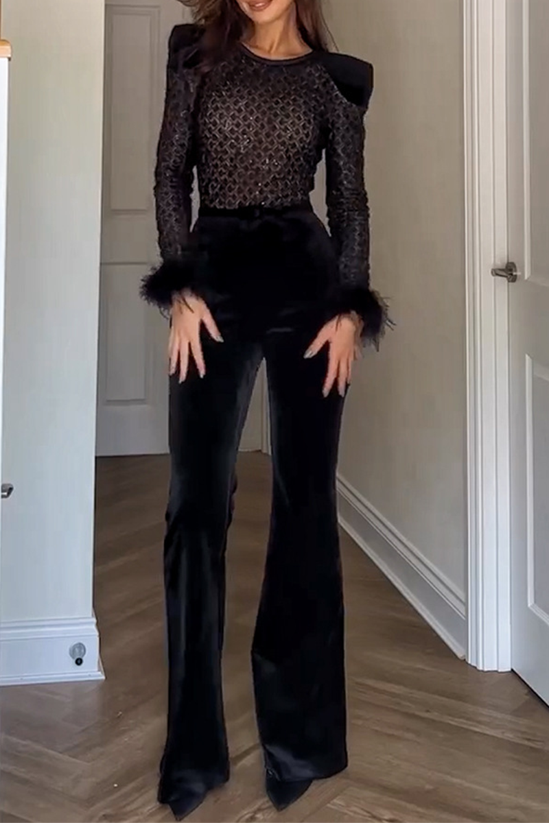 Patty | Sexy Sheer Patchwork Velvet Jumpsuit with O-Neck