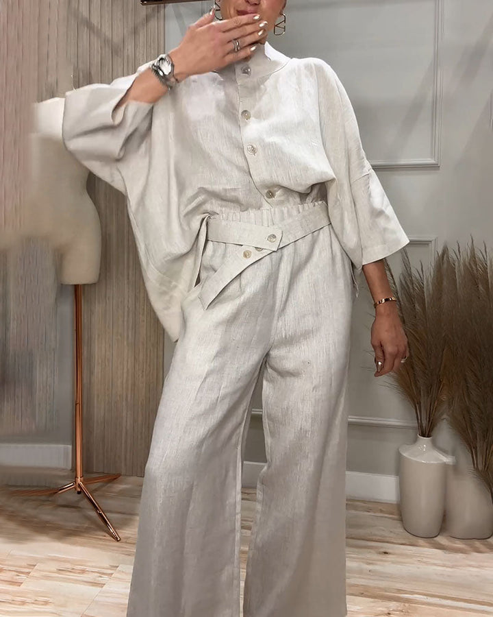 Heidi | Stand Collar Design Casual Cotton and Linen Two-Piece Set