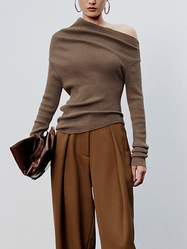 Kirsten | Caramel-colored, Asymmetrical, Long-sleeved Knit Top and Skirt with a Cutout