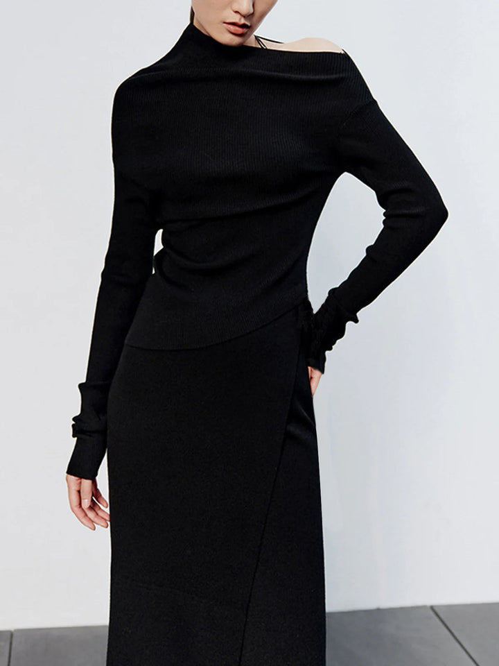 Kirsten | Caramel-colored, Asymmetrical, Long-sleeved Knit Top and Skirt with a Cutout