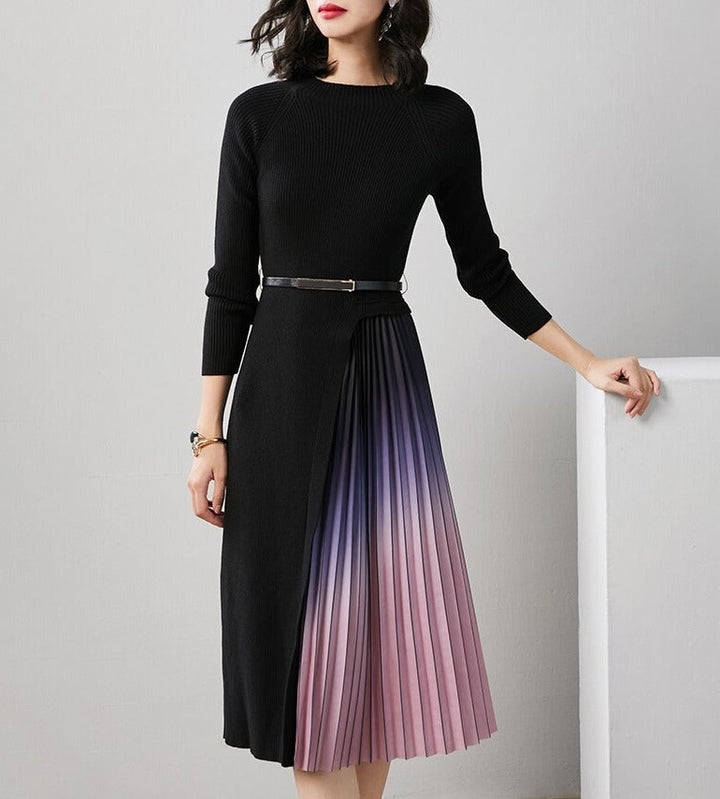 Trisha | Gradient Pleated Splicing Belted Knit Dress