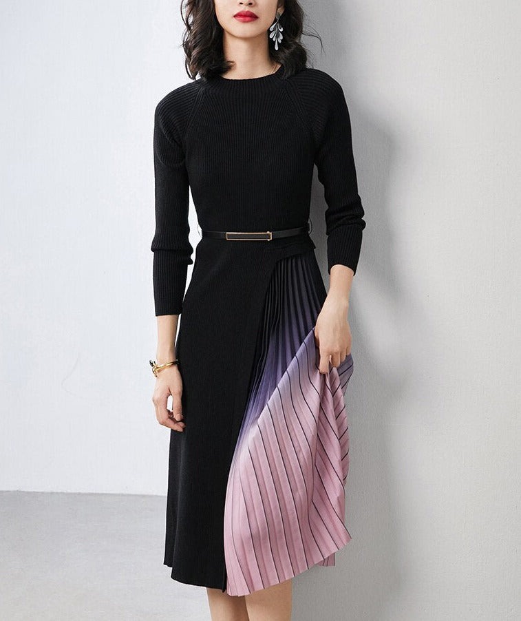 Trisha | Gradient Pleated Splicing Belted Knit Dress