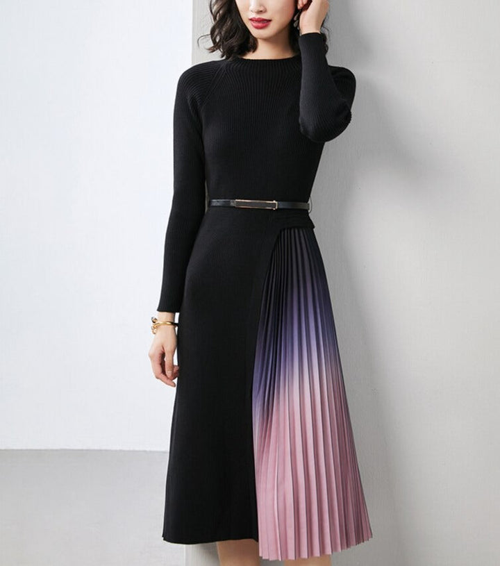 Trisha | Gradient Pleated Splicing Belted Knit Dress