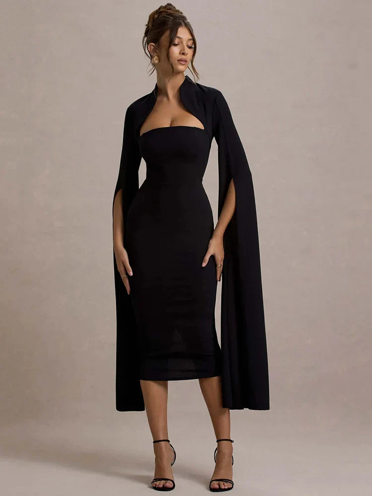 Jenna | Elegant Cape Sleeve Midi Dress