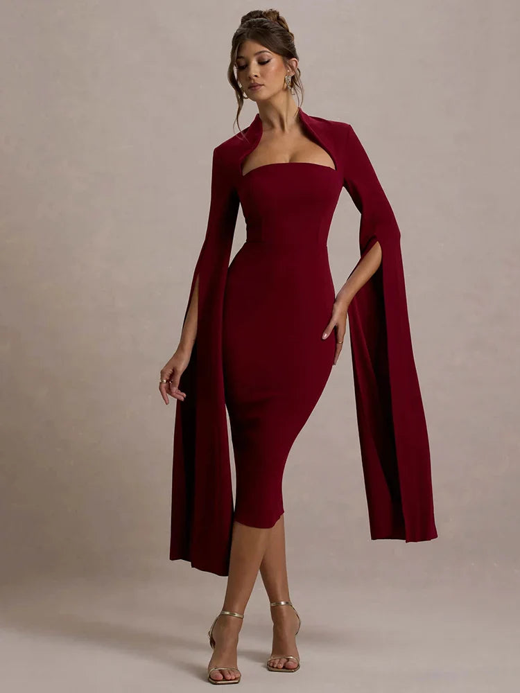 Jenna | Elegant Cape Sleeve Midi Dress