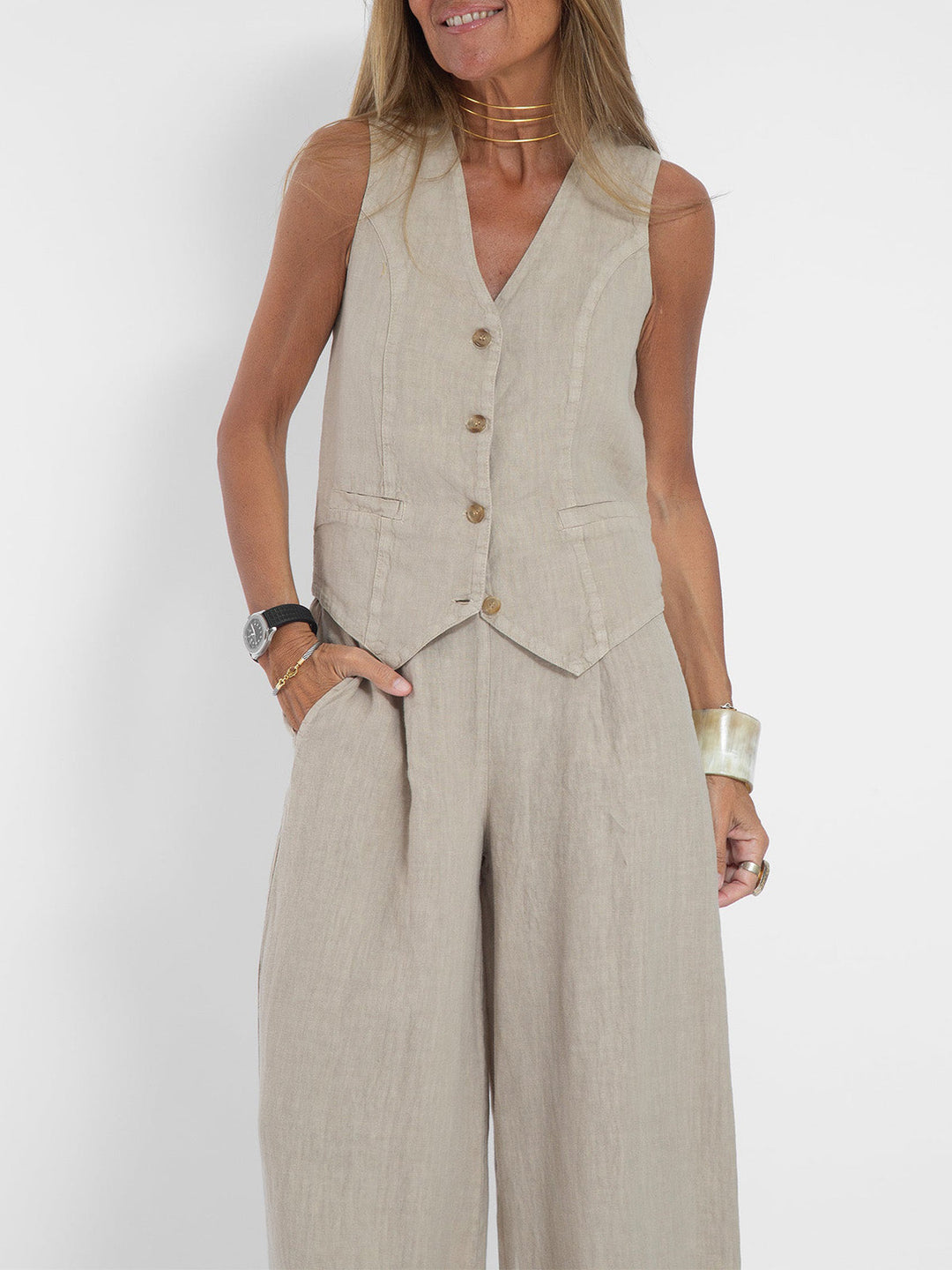 Lucy | Buttoned Vest & Wide-Leg Trousers Set