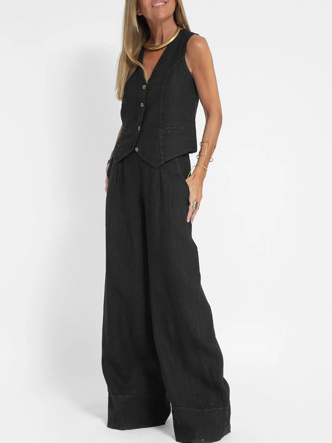 Lucy | Buttoned Vest & Wide-Leg Trousers Set