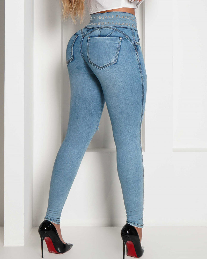 Leila | High Waisted Slim Fit Destroyed Jeans