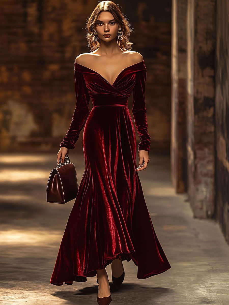 Avery | Off-Shoulder Velvet Mermaid Style Party Dress – Elegant and Stylish