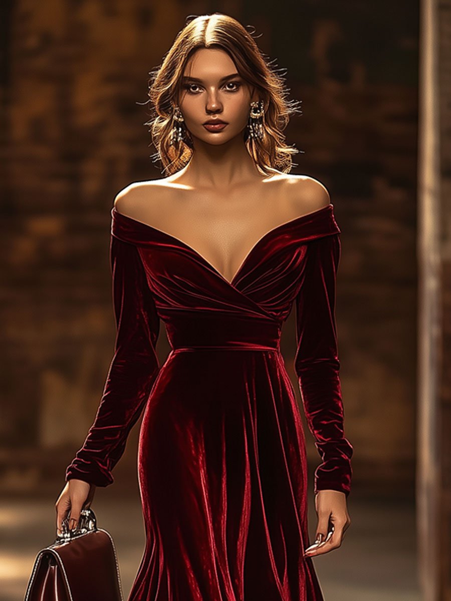 Avery | Off-Shoulder Velvet Mermaid Style Party Dress – Elegant and Stylish