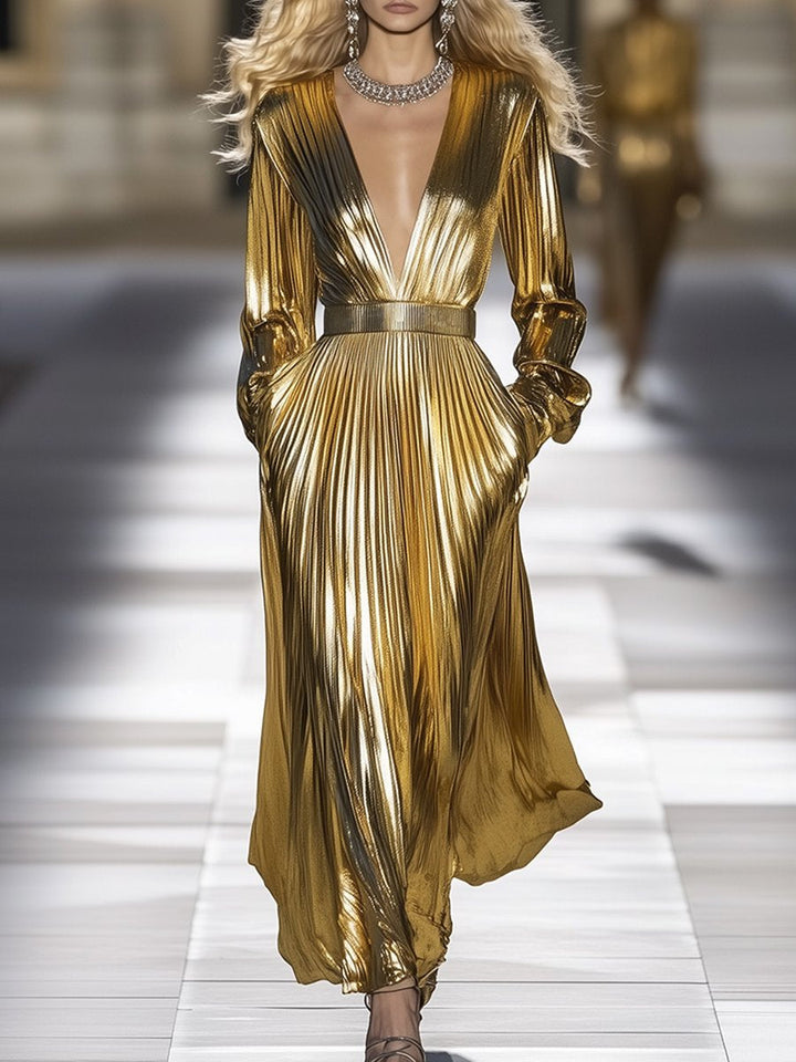 Gina | V-neck Maxi Dress Made of Gold Satin