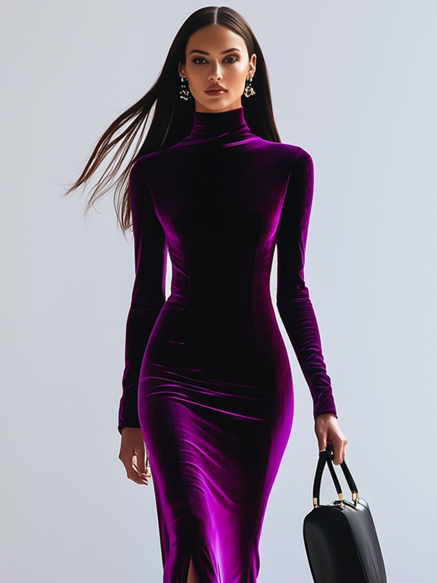 Annette | Purple Velvet Dress with High Collar, Long Sleeves, and Side Slit in Maxi Style